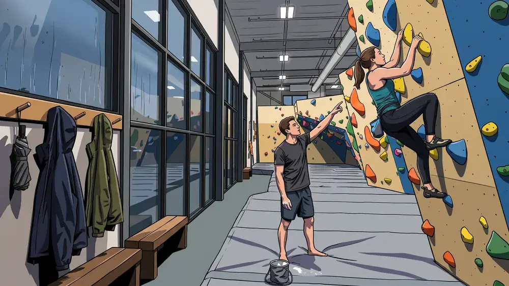 Bouldern Südbloc in Berlin – Zwei Personen an der bunten Boulderwand, draußen läuft Regen an den Hallenfenstern herunter