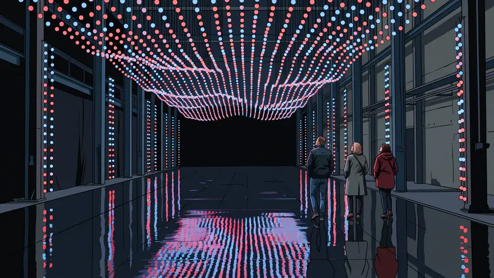 Dark Matter Berlin – Drei Personen zwischen leuchtenden Lichtinstallationen in der dunklen Halle