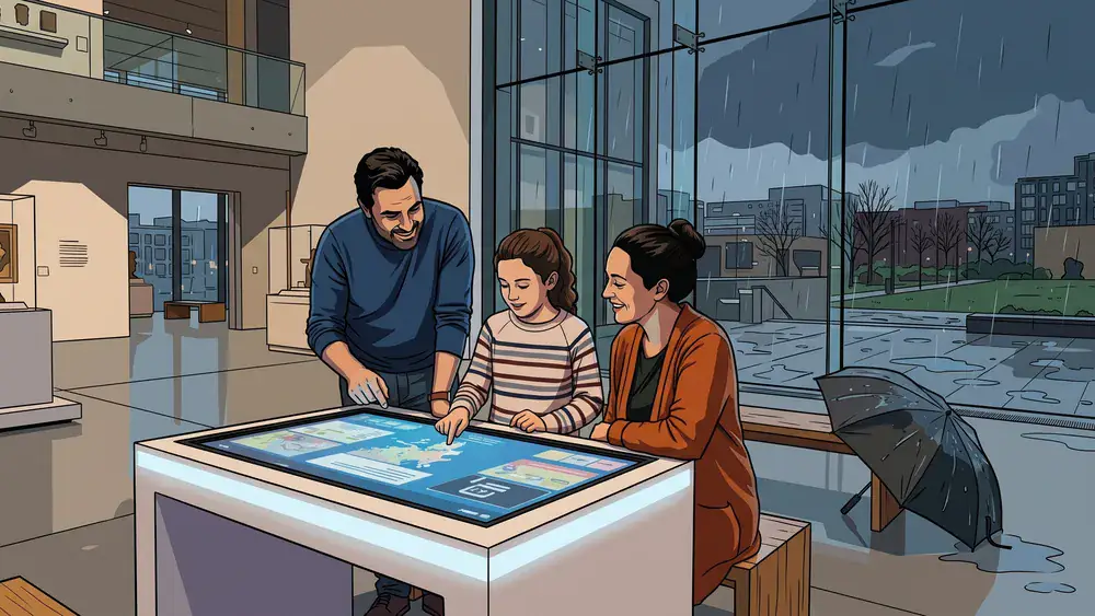 Futurium in Berlin – Familie an einer Mitmach-Station, draußen läuft Regen an der Glasfassade herunter