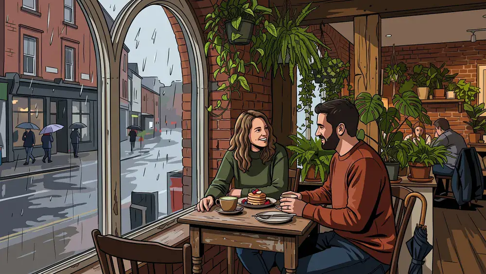 House of Small Wonder in Berlin – Zwei Personen sitzen im Café am Fenster, draußen läuft Regen an der Scheibe herunter