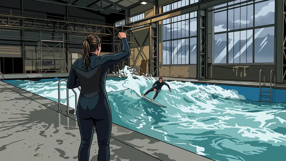 Indoor-Surfen in Berlin – Person surft bei Regen auf der stehenden Welle im Wellenwerk, während draußen Regen an den Hallenfenstern herunterläuft