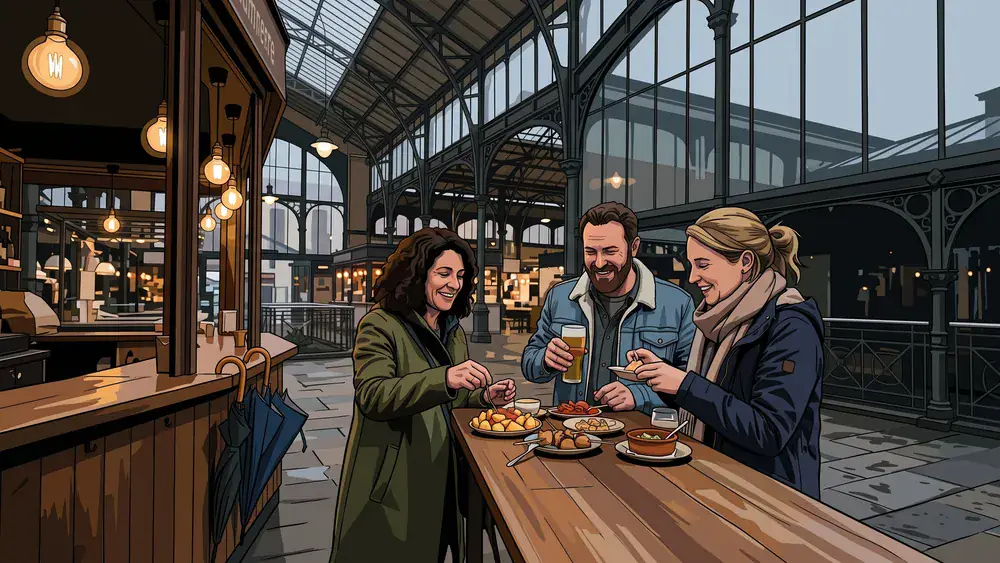 Markthalle Neun in Berlin – Drei Personen essen Street Food unter dem Glasdach, an dem der Regen herunterläuft