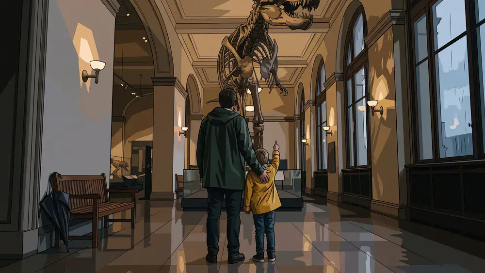 Museum für Naturkunde in Berlin – Kind und Elternteil vor dem riesigen Dino-Skelett, während Regen an den hohen Fenstern herunterläuft