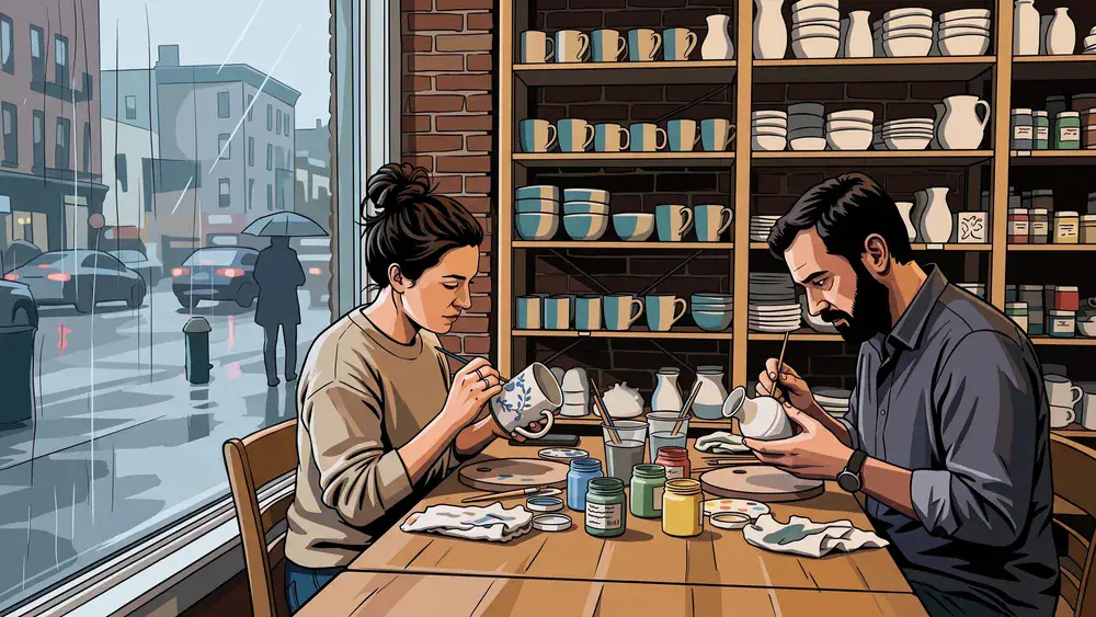 Paint your Style in Berlin – Zwei Personen bemalen Keramik am Studiotisch, draußen läuft Regen an der Scheibe herunter