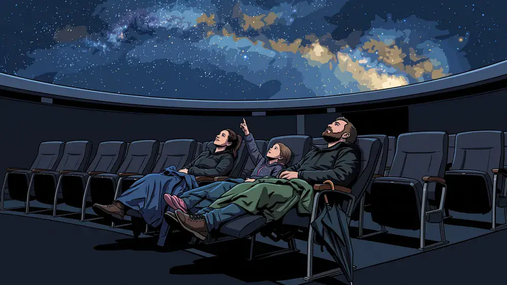 Zeiss-Großplanetarium in Berlin – Zwei Erwachsene und ein Kind schauen unter der Kuppel auf den projizierten Sternenhimmel