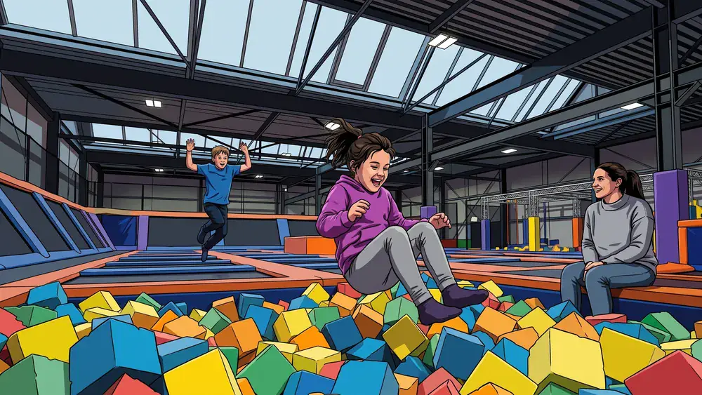 JUMP House Berlin – Kind springt in die Schaumstoffgrube, während Regen auf die Oberlichter prasselt