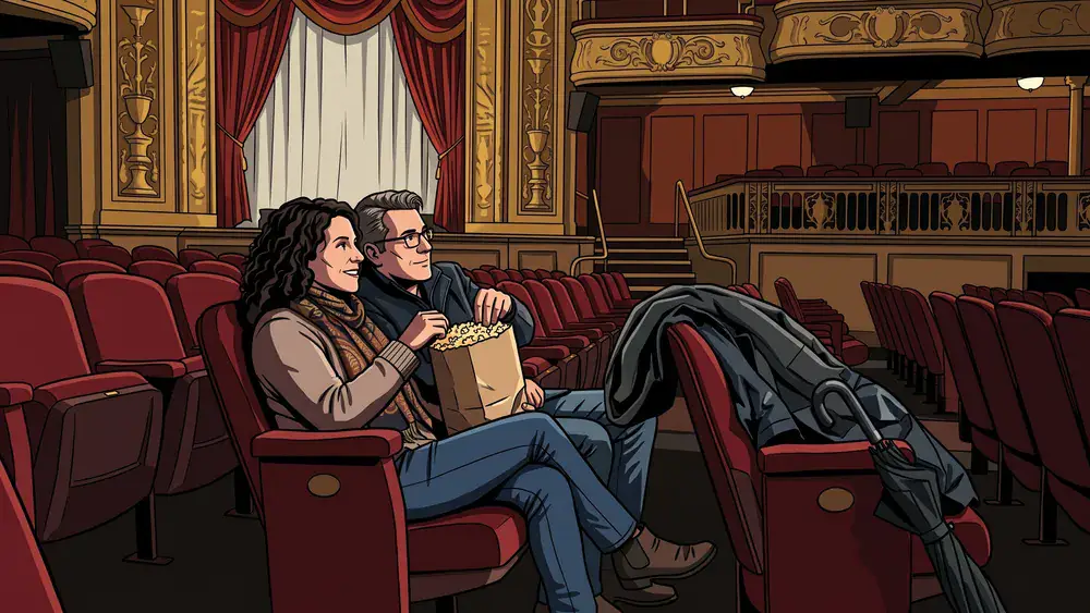 Zoo Palast in Berlin – Zwei Personen mit nassem Schirm neben sich in den Sesseln des historischen Kinosaals