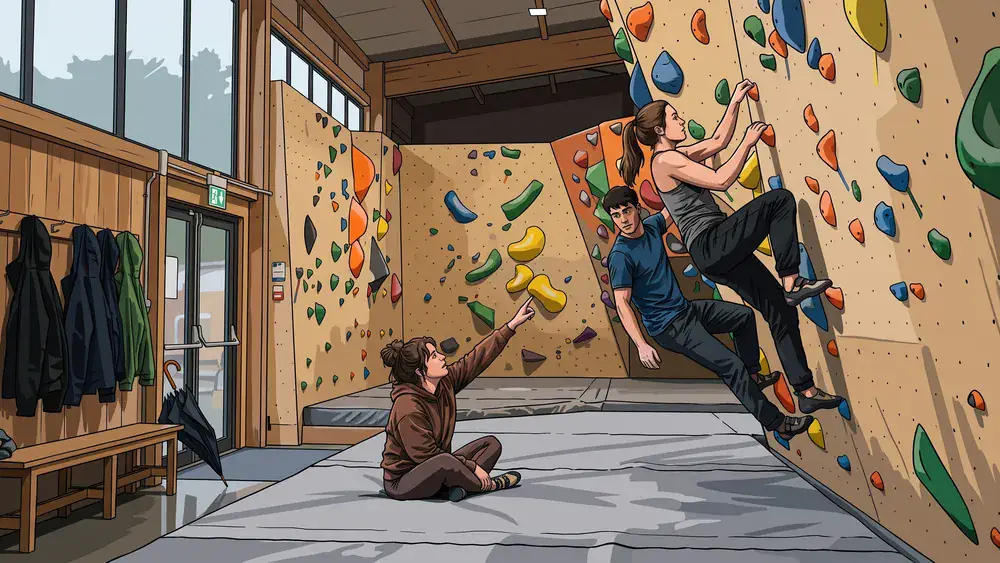 Boulderhalle in Bielefeld – Drei Personen an der Boulderwand, während Regen an den Hallenfenstern herunterläuft