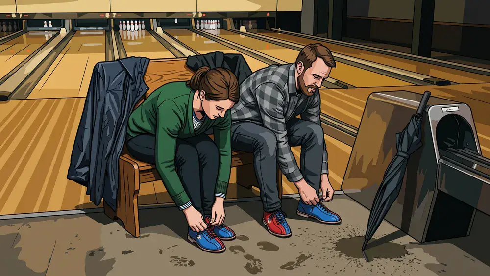 Bowling in Bielefeld – Zwei Personen schnüren Leihschuhe an der Bahn, nasse Regenjacken hängen über den Sitzen