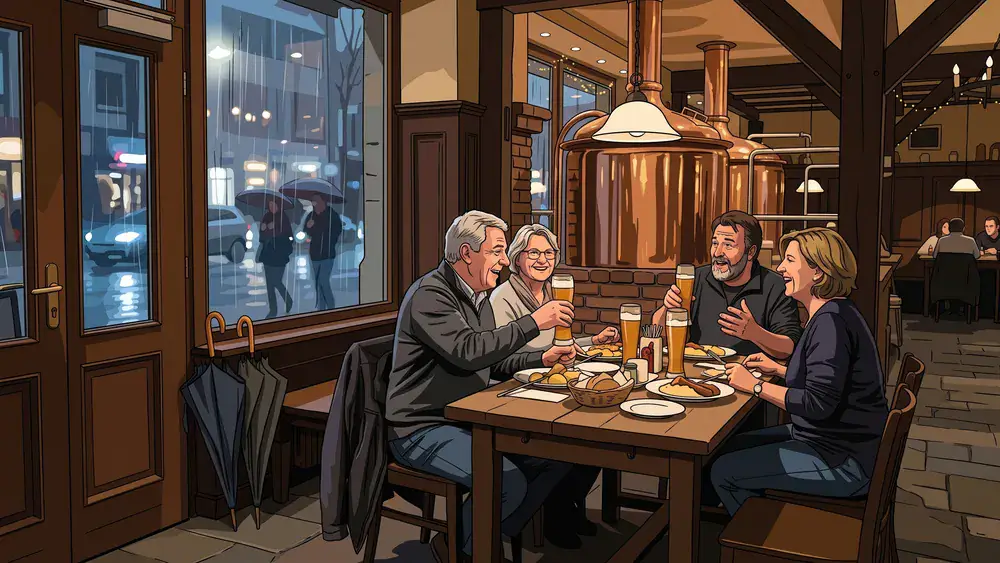 Brauhaus in Bielefeld – Vier Personen am Holztisch, draußen läuft Regen an der Fensterscheibe herunter
