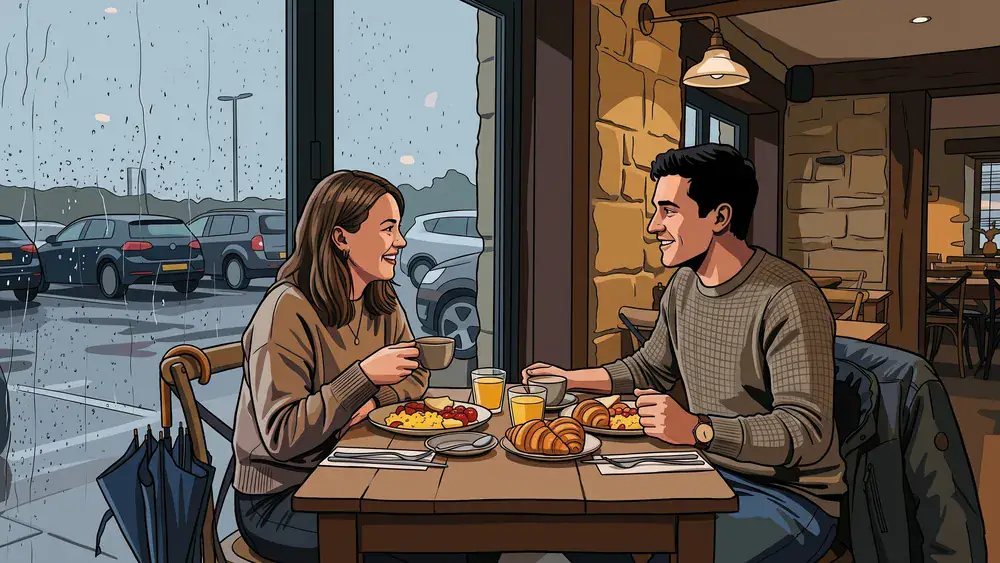Finca & Bar Celona in Bielefeld – Zwei Personen essen am Fenster, draußen läuft Regen an der Scheibe herunter