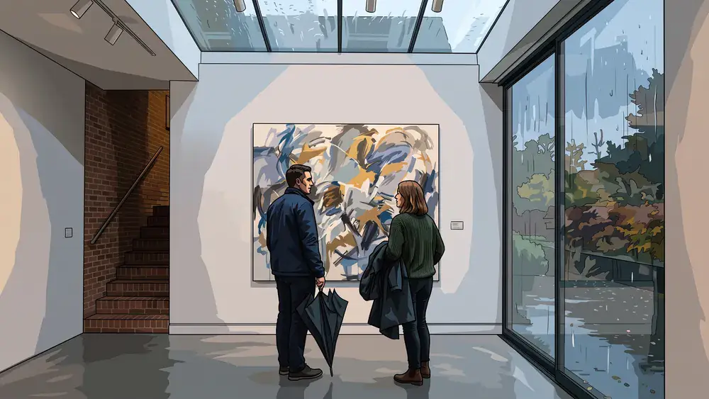 Kunsthalle Bielefeld – Zwei Personen mit nassem Regenschirm betrachten ein Gemälde, draußen läuft Regen an der Glasfront herunter