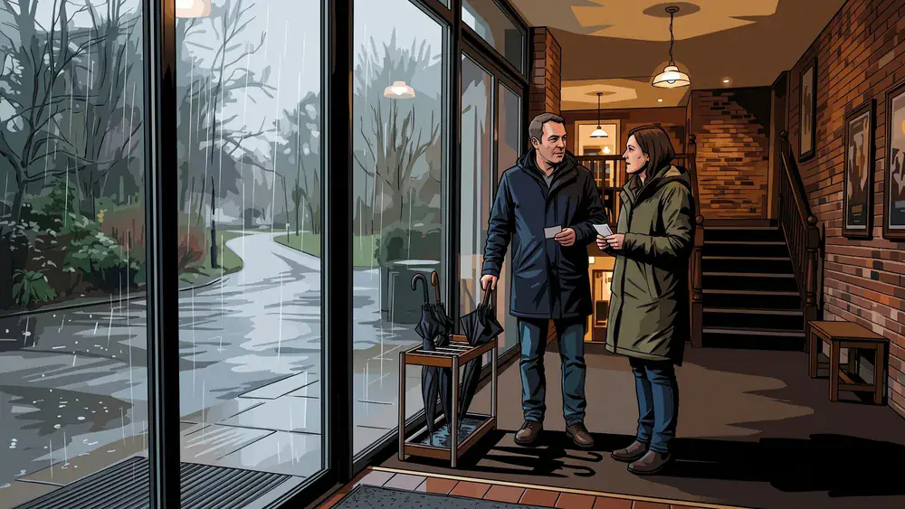 Lichtwerk in Bielefeld – Zwei Personen mit nassen Schirmen im Kinofoyer, während draußen der Regen an der Glasfront herunterläuft