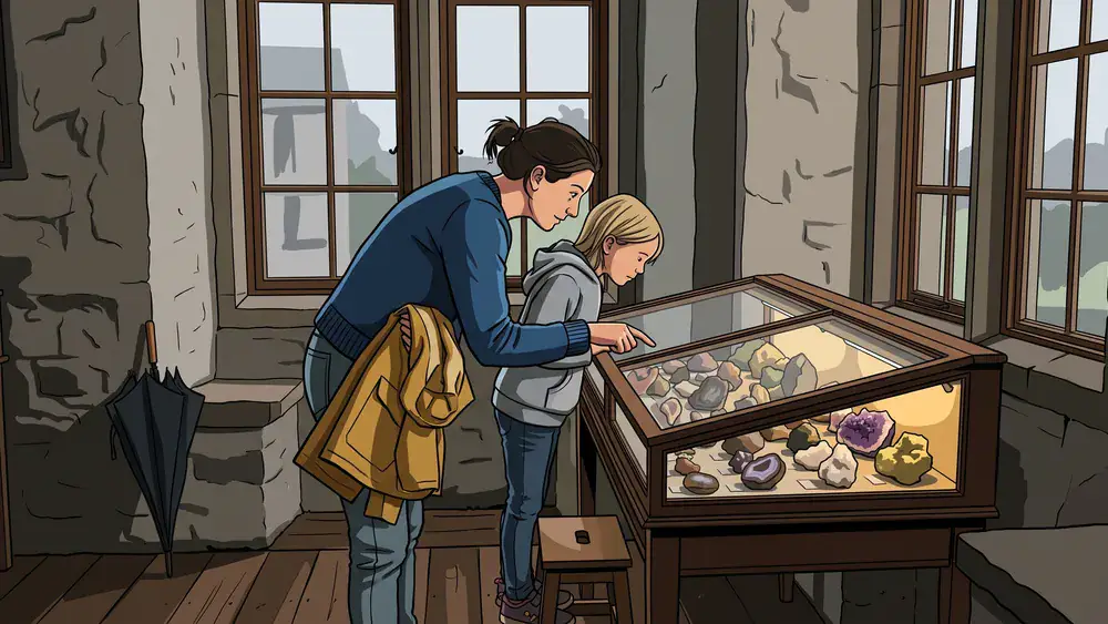 namu Naturkunde-Museum in Bielefeld – Kind und Elternteil an einer Vitrine, während der Regen an den alten Fenstern herunterläuft