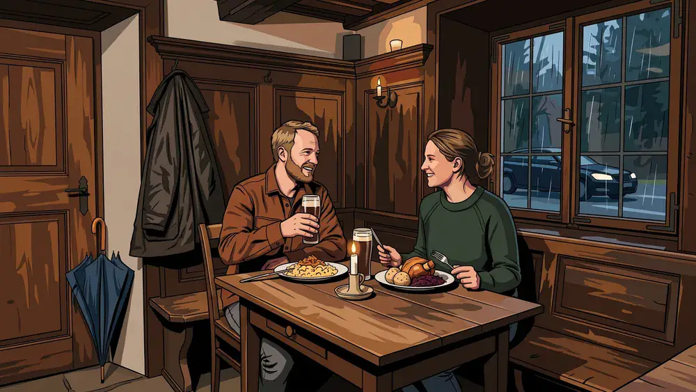 Landgasthof Pappelkrug in Bielefeld – Zwei Personen essen abends westfälisch, draußen regnet es an das Gasthausfenster