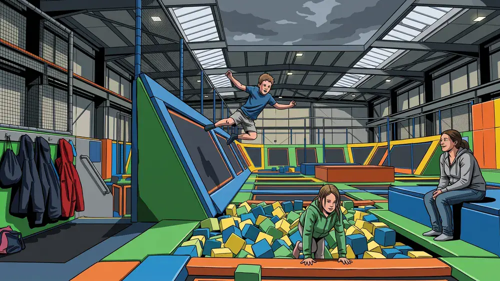 Trampolinpark in Bielefeld – Kinder springen in der Halle, während Regen über die Oberlichter läuft