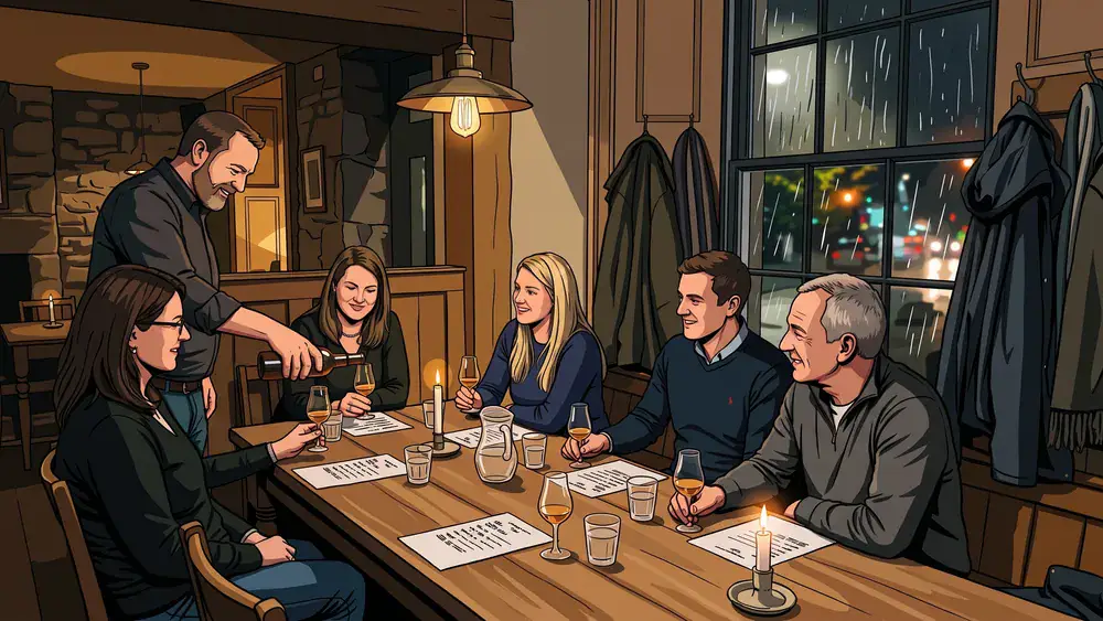 Whisky-Tasting in Bielefeld – Erwachsene verkosten am Abend Whisky, draußen läuft der Regen am Fenster herunter