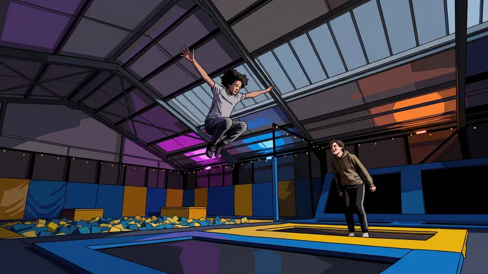 Trampolinpark in Braunschweig – zwei Personen springen auf bunten Trampolinen in einer großen Halle