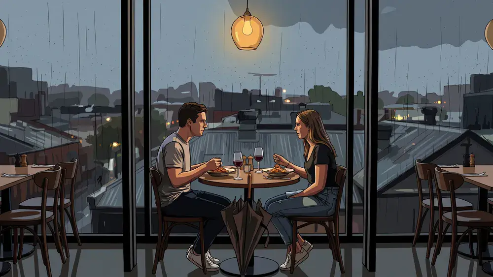 Überland Restaurant in Braunschweig – zwei Personen beim Abendessen mit Blick über die Stadt