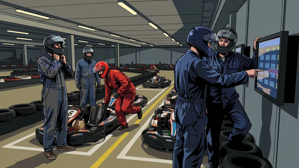 Kartbahn in Braunschweig - Erwachsene vergleichen nach dem Rennen ihre Rundenzeiten