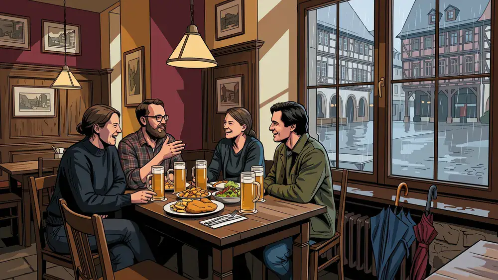 Brauhaus Wenkers in Dortmund – Runde sitzt bei Urtrüb am Holztisch, draußen regnet es auf den Alten Markt