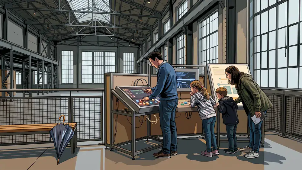 DASA Arbeitswelt Ausstellung in Dortmund – Familie an einer Mitmach-Station, draußen läuft Regen an den Hallenfenstern herunter