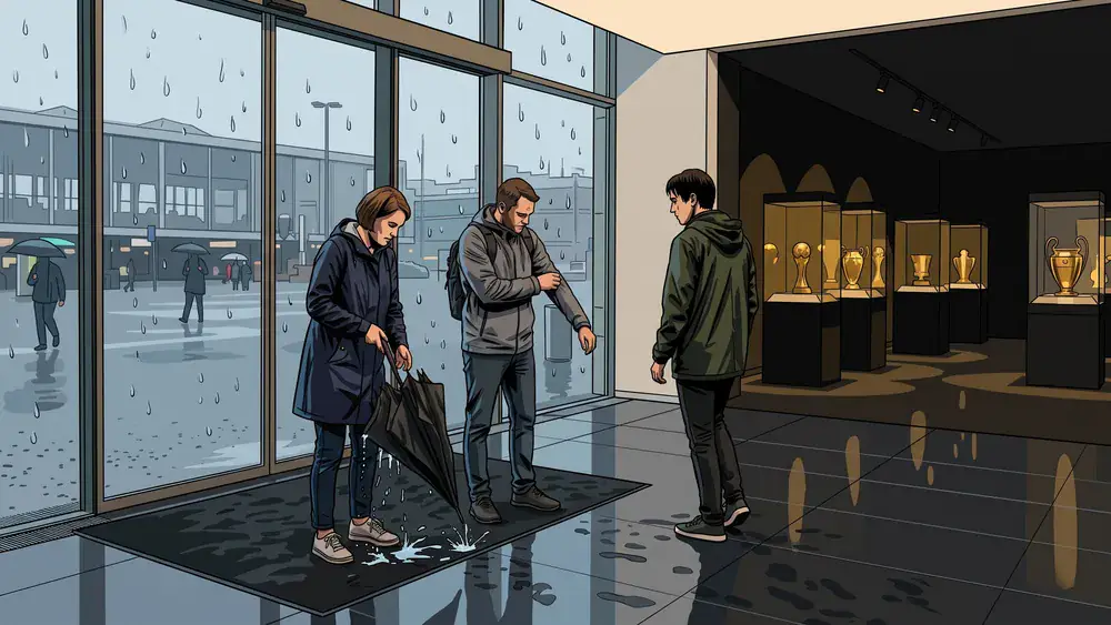 Deutsches Fußballmuseum in Dortmund – Besucher im Eingangsbereich, draußen läuft der Regen an der Glasfassade herunter
