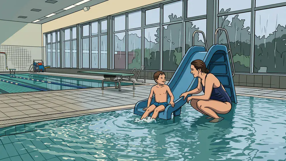 Hallenbad Hörde in Dortmund – Kind an der Rutsche im warmen Becken, draußen läuft der Regen an den hohen Fensterreihen herunter