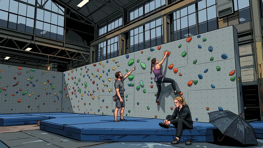 Kletterhalle Bergwerk in Dortmund – drei Leute bouldern in der Halle, an den hohen Fabrikfenstern läuft der Regen herunter