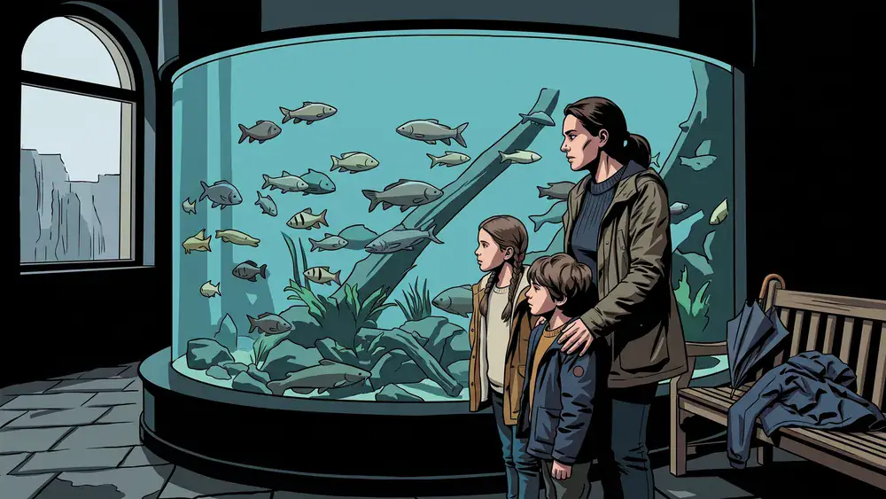 Naturmuseum Dortmund – Familie vor dem großen Rundaquarium, während Regen an der Museumsscheibe herunterläuft