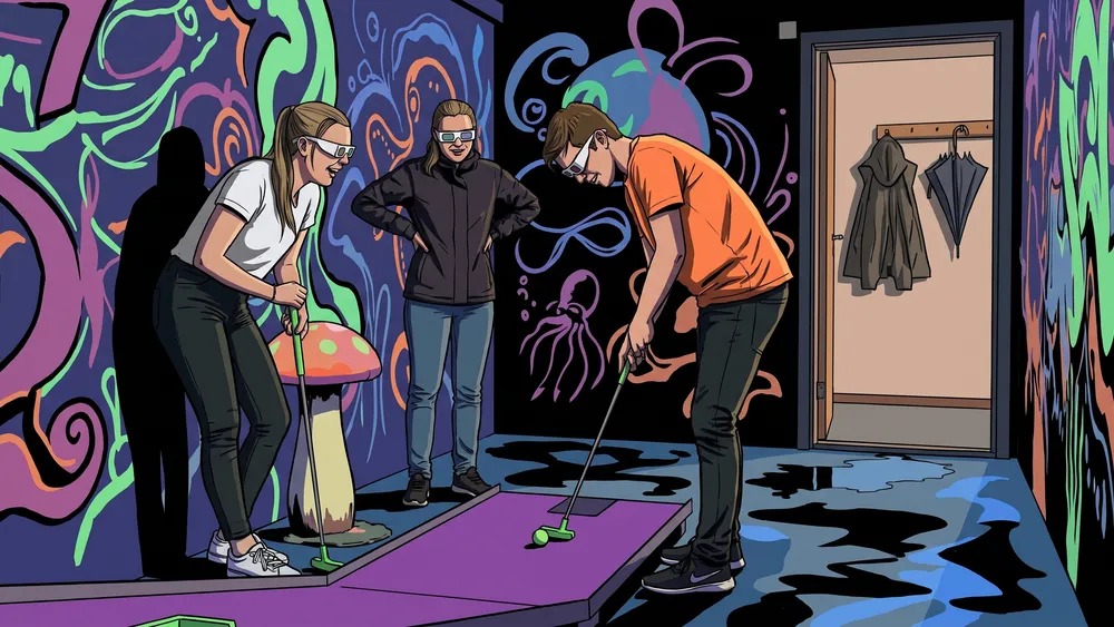 Schwarzlicht-Minigolf in Dortmund – Gruppe spielt mit 3D-Brillen, im Hintergrund hängen nasse Jacke und Schirm