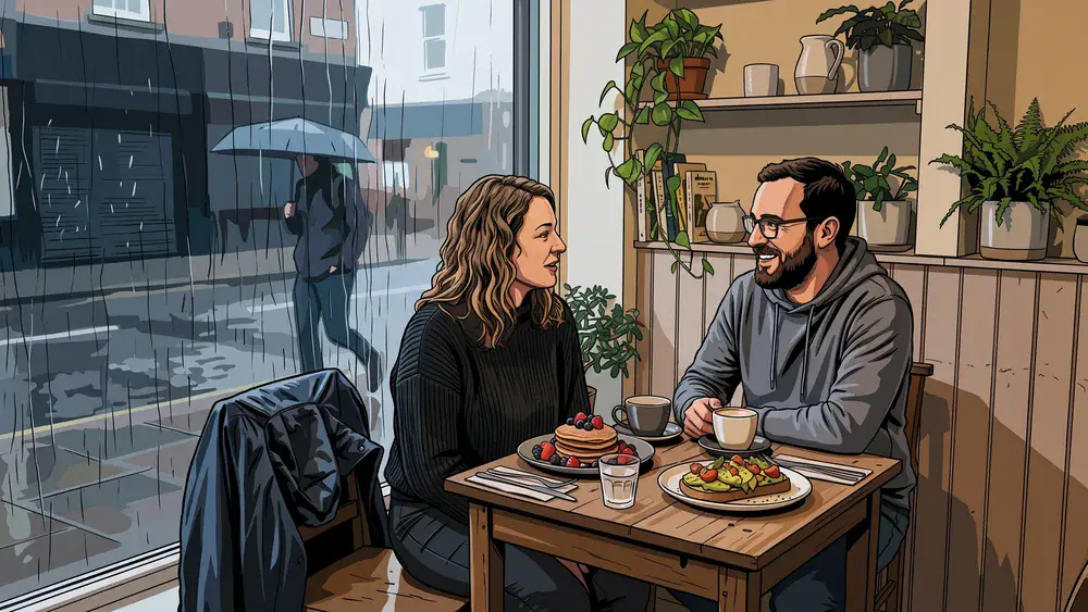 VRÜH All Day Breakfast in Dortmund – Zwei Personen frühstücken am Fenster, draußen läuft Regen an der Scheibe herunter