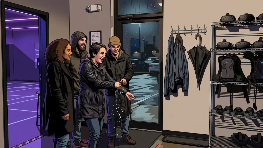 Zero Latency VR in Dortmund – Vier Erwachsene mit nassen Jacken am Eingang der VR-Arena, hinter ihnen Regen an der Glastür
