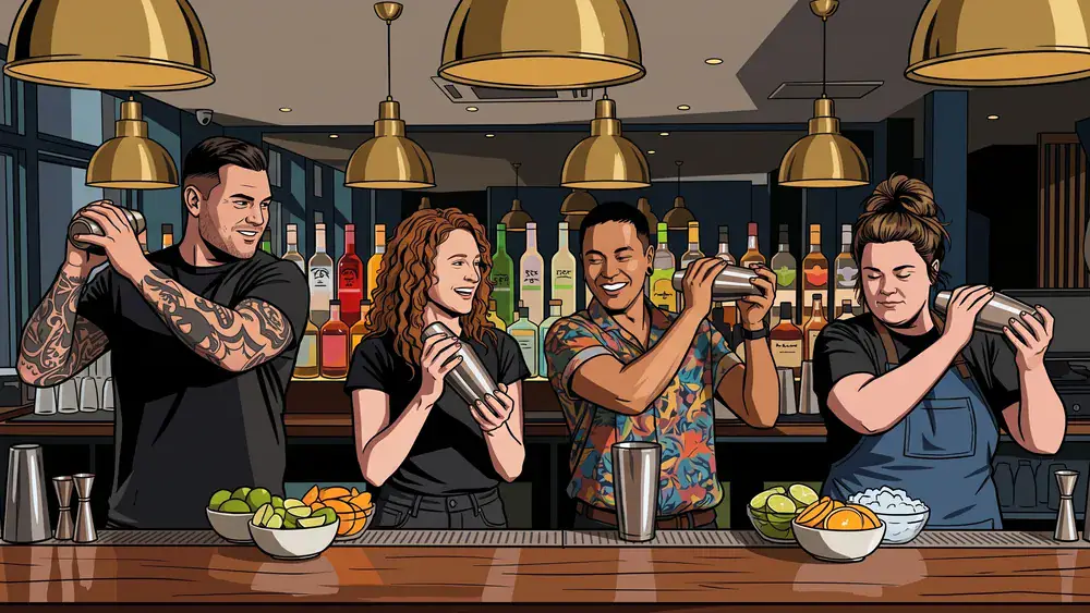 Cocktailkurs in Dortmund - Gruppe steht gemeinsam an der Bar und shakt Drinks