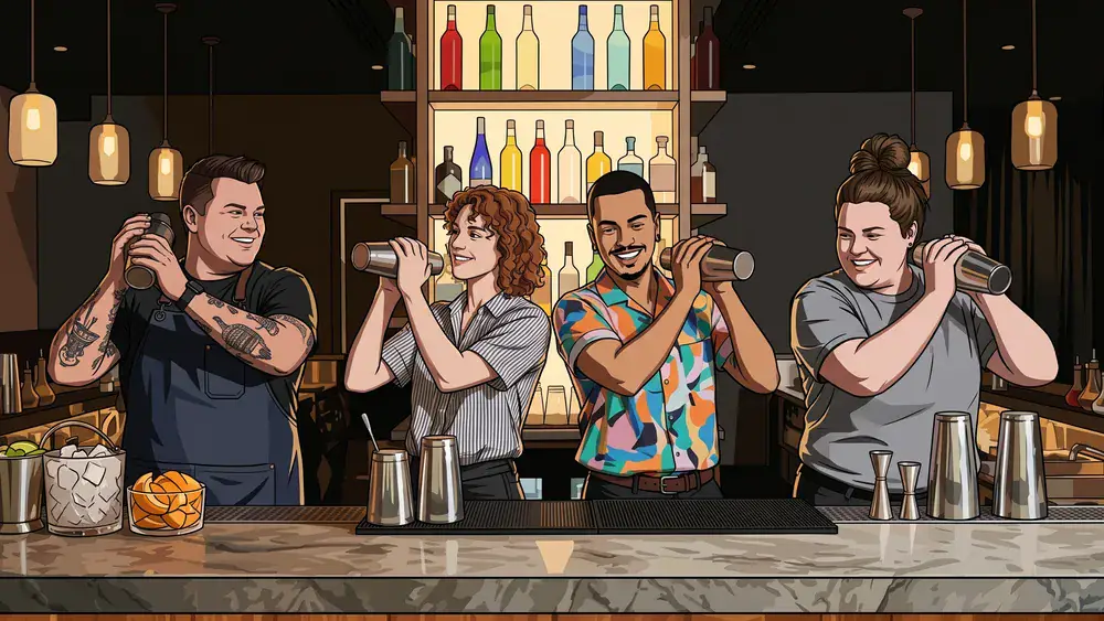 Cocktailkurs in Dortmund - Team steht gemeinsam an der Bar und mixt Drinks
