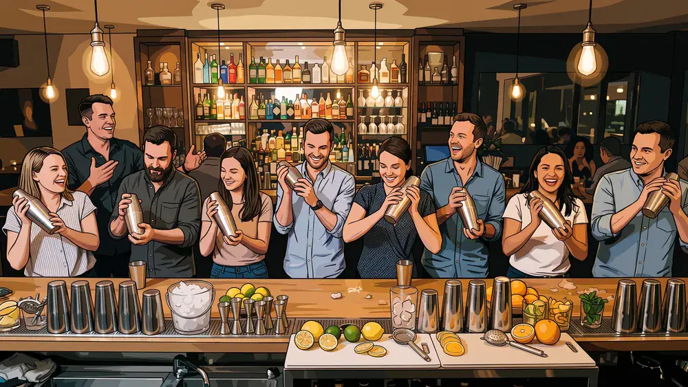 Cocktailkurs in Dortmund - kleines Team stößt bei der Weihnachtsfeier an der Bar an