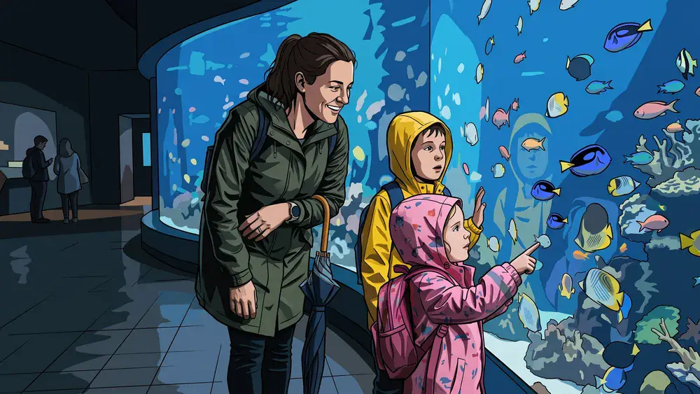 Aquazoo Löbbecke Museum in Düsseldorf – Familie mit Regenjacken vor einem großen Aquarium