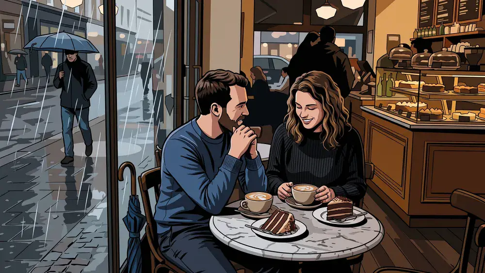 Café Hüftgold in Düsseldorf – Zwei Personen sitzen mit Kuchen und Kaffee am Fenster, draußen läuft Regen an der Scheibe herunter