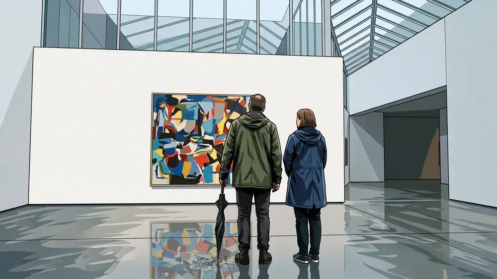 K20 Kunstsammlung in Düsseldorf – Zwei Personen mit Regenschirm betrachten ein Gemälde in der hellen Museumsgalerie