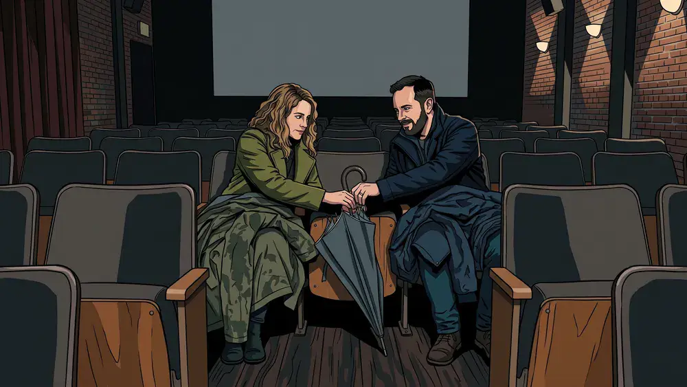 Metropol Kino in Düsseldorf – Zwei Personen mit nassem Schirm und Mänteln im kleinen Kinosaal