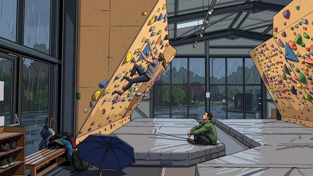 Monkey Spot Boulderhalle in Düsseldorf – Kletternde an der Wand, während Regen an den Fenstern herunterläuft