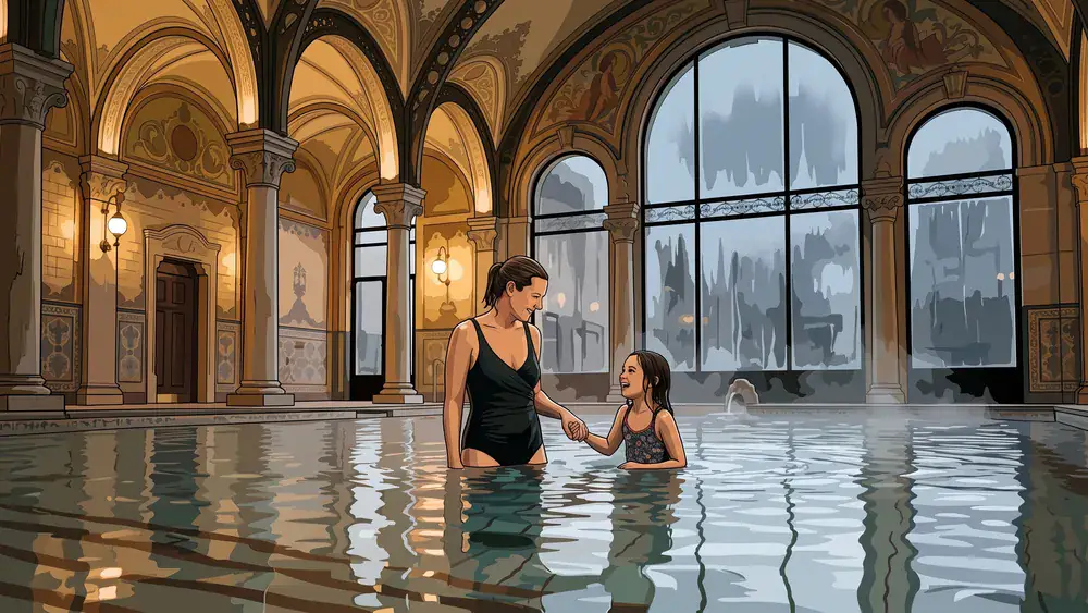 Münster-Therme in Düsseldorf – Eltern und Kind im Jugendstil-Hallenbad, Regen läuft an den hohen Bogenfenstern herunter