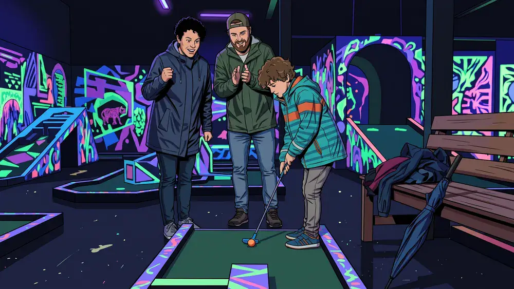 Schwarzlicht Minigolf in Düsseldorf – Familie spielt Minigolf in leuchtender Neonwelt, nasse Regenjacken auf der Bank