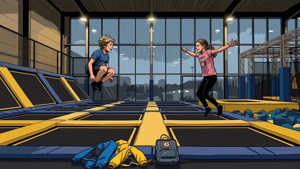 Superfly Trampolinpark in Düsseldorf – Zwei Kinder springen auf Trampolinen, draußen läuft Regen an den Hallenfenstern herunter