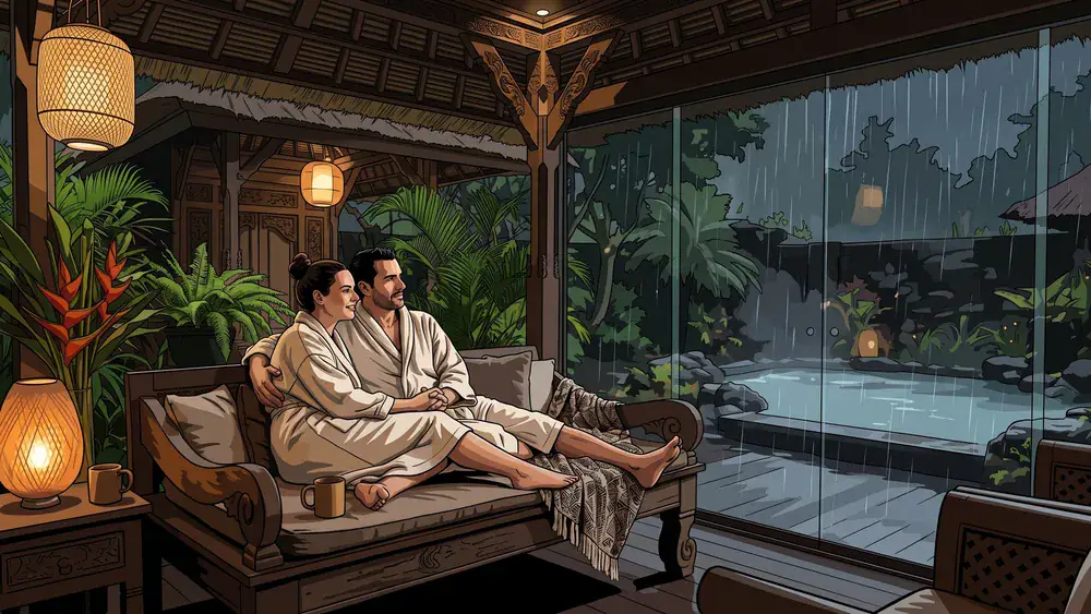 Vabali Spa in Düsseldorf – Zwei Personen im Bademantel schauen aus dem Saunapavillon in den Regen
