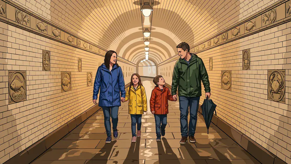 Alter Elbtunnel in Hamburg – Familie in nassen Regenjacken läuft durch den gekachelten Tunnel unter der Elbe