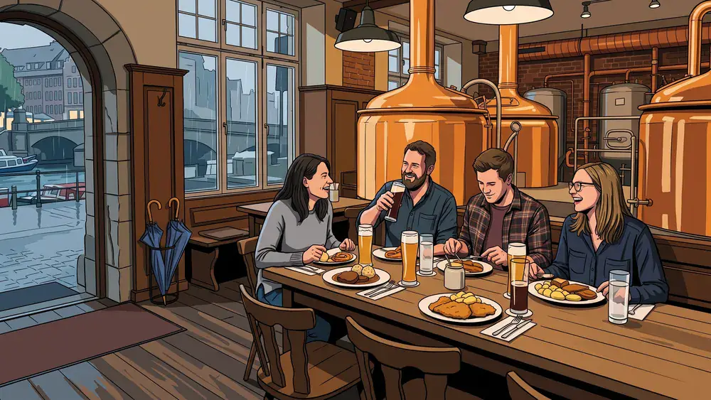 Brauhaus in Hamburg – Vier Personen sitzen bei Bier vor den kupfernen Sudkesseln, draußen regnet es auf den Alsterfleet