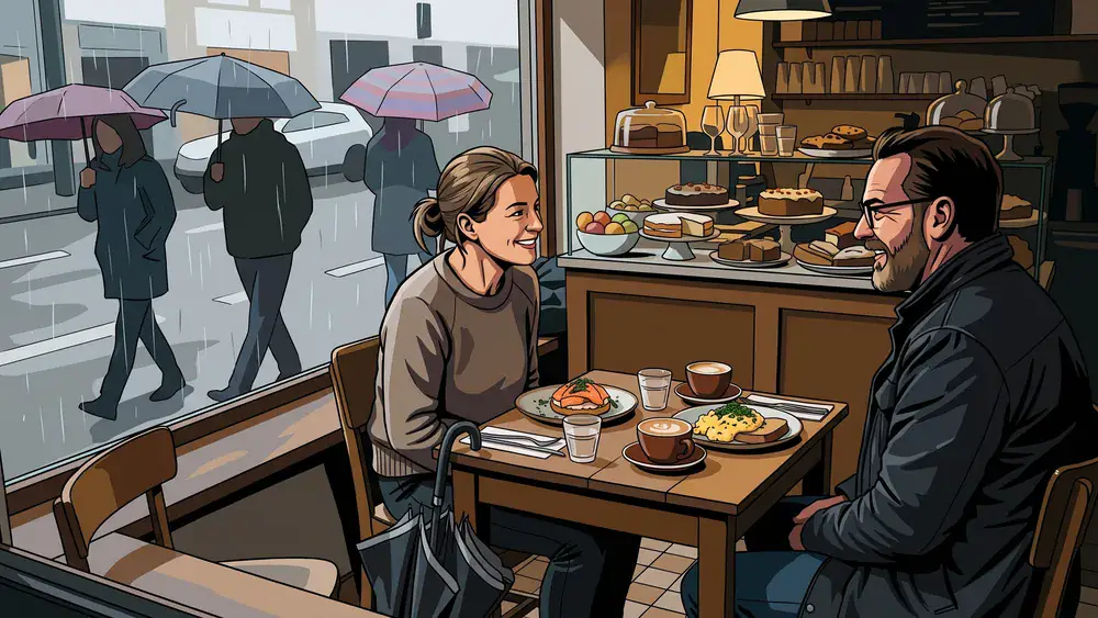 Hadley's in Hamburg – Zwei Personen sitzen mit Brunch-Tellern am Caféfenster, draußen läuft Regen an der Scheibe herunter
