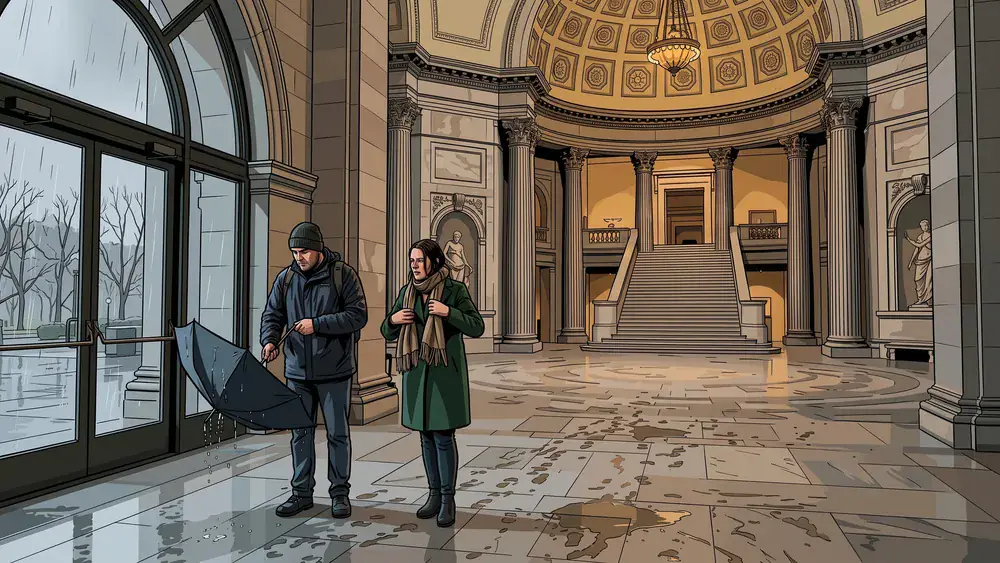 Hamburger Kunsthalle – Zwei Personen mit nassem Schirm kommen bei Regen im Eingangsbereich des Museums an