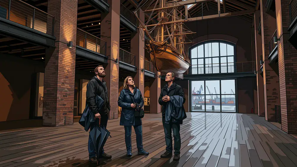 Internationales Maritimes Museum Hamburg – Besucher mit nassen Regenjacken vor einem Schiffsmodell, draußen Regen über dem Hafen